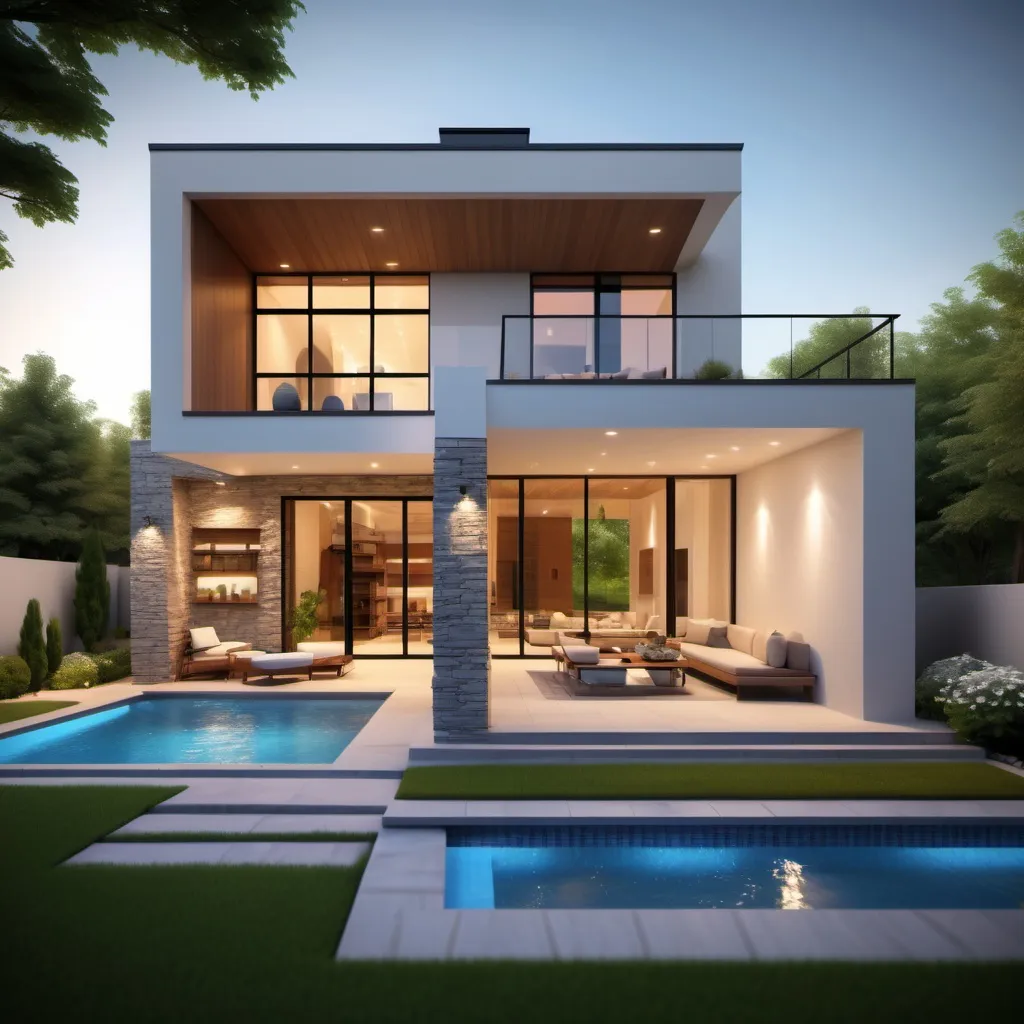 Prompt: realistic, Modern, luxurious bright and small house at house. The design features clean lines, and a mix of materials, including stone. Small windows. The landscaping is meticulously designed, with American inspired landscape and pathways that complement the contemporary architecture. The lighting adds a warm and inviting ambiance, highlighting the architectural details. With modern swimming pool.