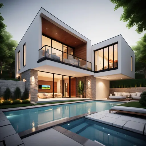 Prompt: realistic, Modern, luxurious bright and small house at house. The design features clean lines, and a mix of materials, including stone. Small windows. The landscaping is meticulously designed, with American inspired landscape and pathways that complement the contemporary architecture. The lighting adds a warm and inviting ambiance, highlighting the architectural details. With modern swimming pool.