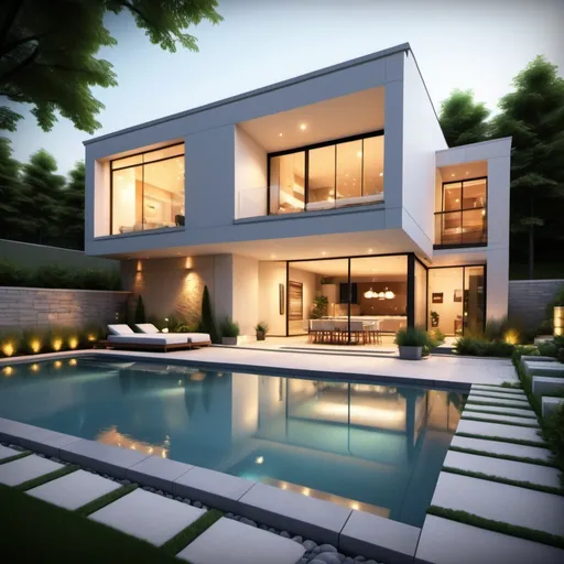 Prompt: realistic, Modern, luxurious bright and small house at house. The design features clean lines, and a mix of materials, including stone. Small windows. The landscaping is meticulously designed, with American inspired landscape and pathways that complement the contemporary architecture. The lighting adds a warm and inviting ambiance, highlighting the architectural details. With modern swimming pool.