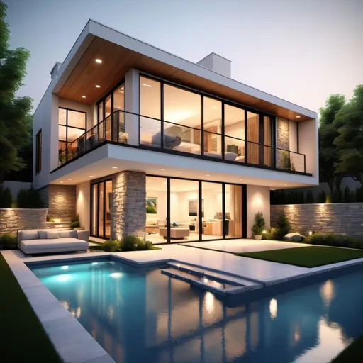 Prompt: realistic, Modern, luxurious bright and small house at house. The design features clean lines, and a mix of materials, including stone. Small windows. The landscaping is meticulously designed, with American inspired landscape and pathways that complement the contemporary architecture. The lighting adds a warm and inviting ambiance, highlighting the architectural details. With modern swimming pool.