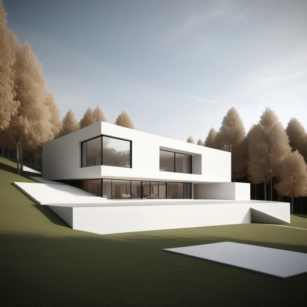 Prompt: Volumetric model of a giant modern house on an ultra-sloping plot of land. white