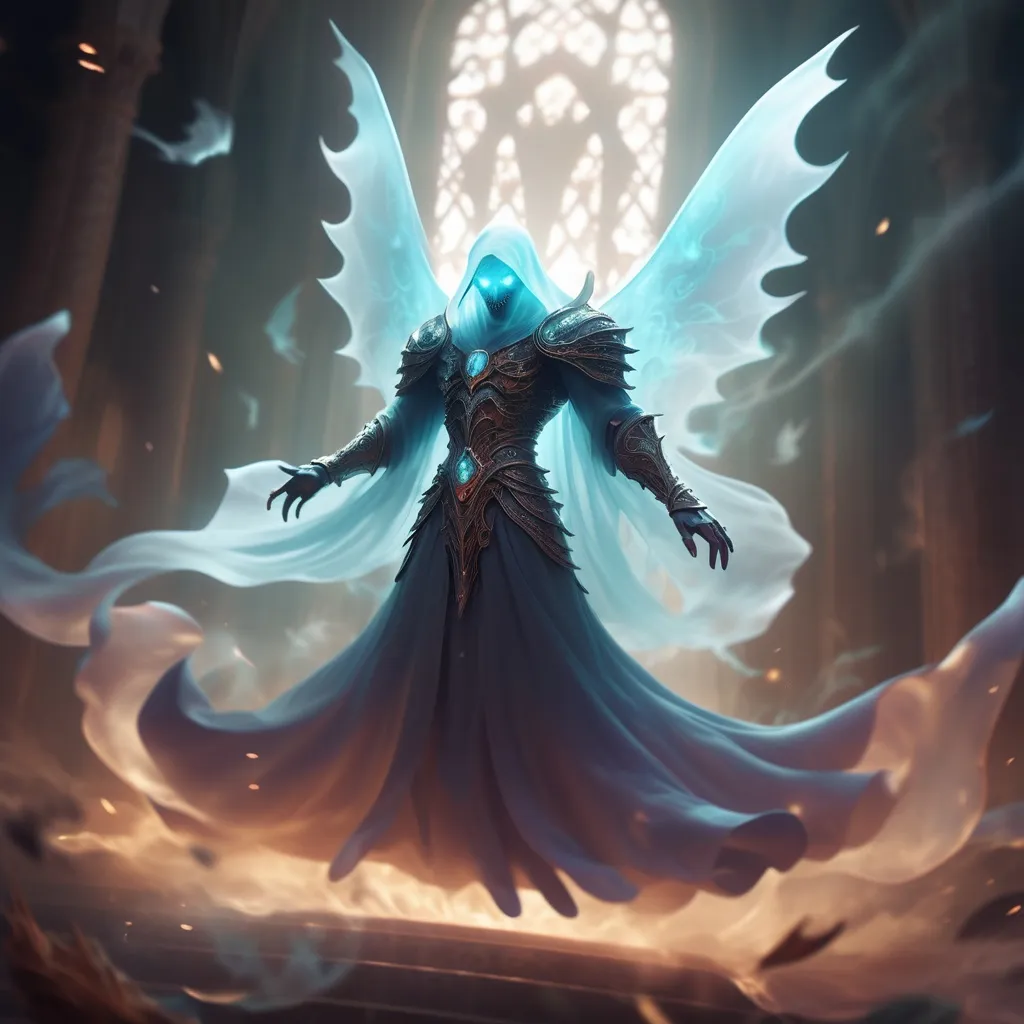 Prompt:  a ghastly translucent regancy spirit gliding into battle