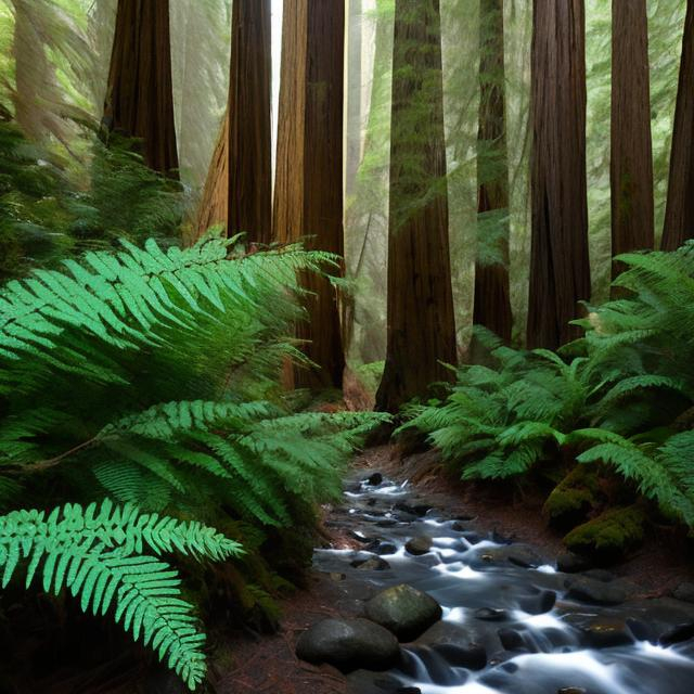 Prompt:  redwood forest with ferns, little birds,  small water creek.