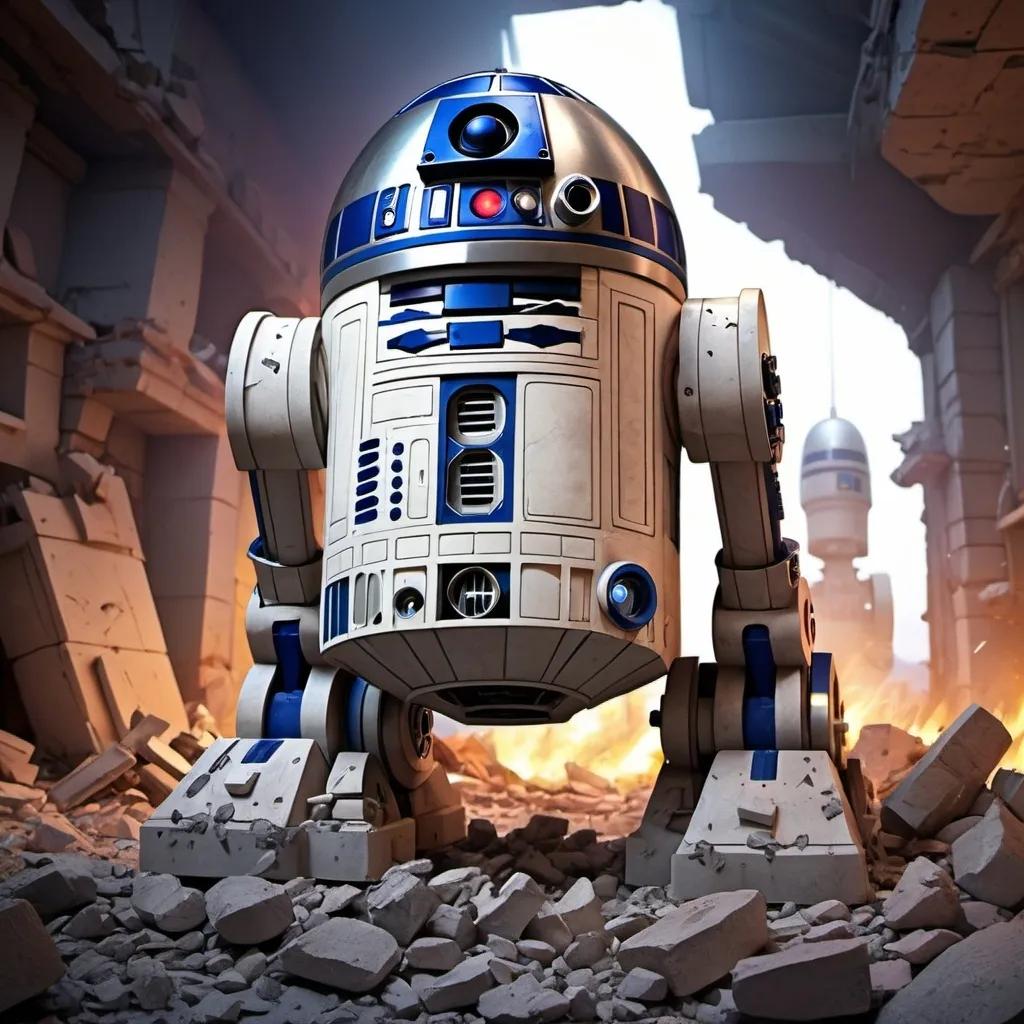 Prompt: Giant evil R2D2 cartoon, rubble surroundings, comical tiny arms, destructive, cartoon style, vivid colors, dynamic lighting, detailed rendering, high quality, cartoon, evil, destructive, rubble, dynamic lighting, vivid colors, tiny arms, detailed rendering