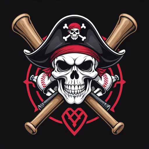 Prompt: a sports logo of a pirate skull wearing a pirate hat with crossed baseball bats and cannons in the background