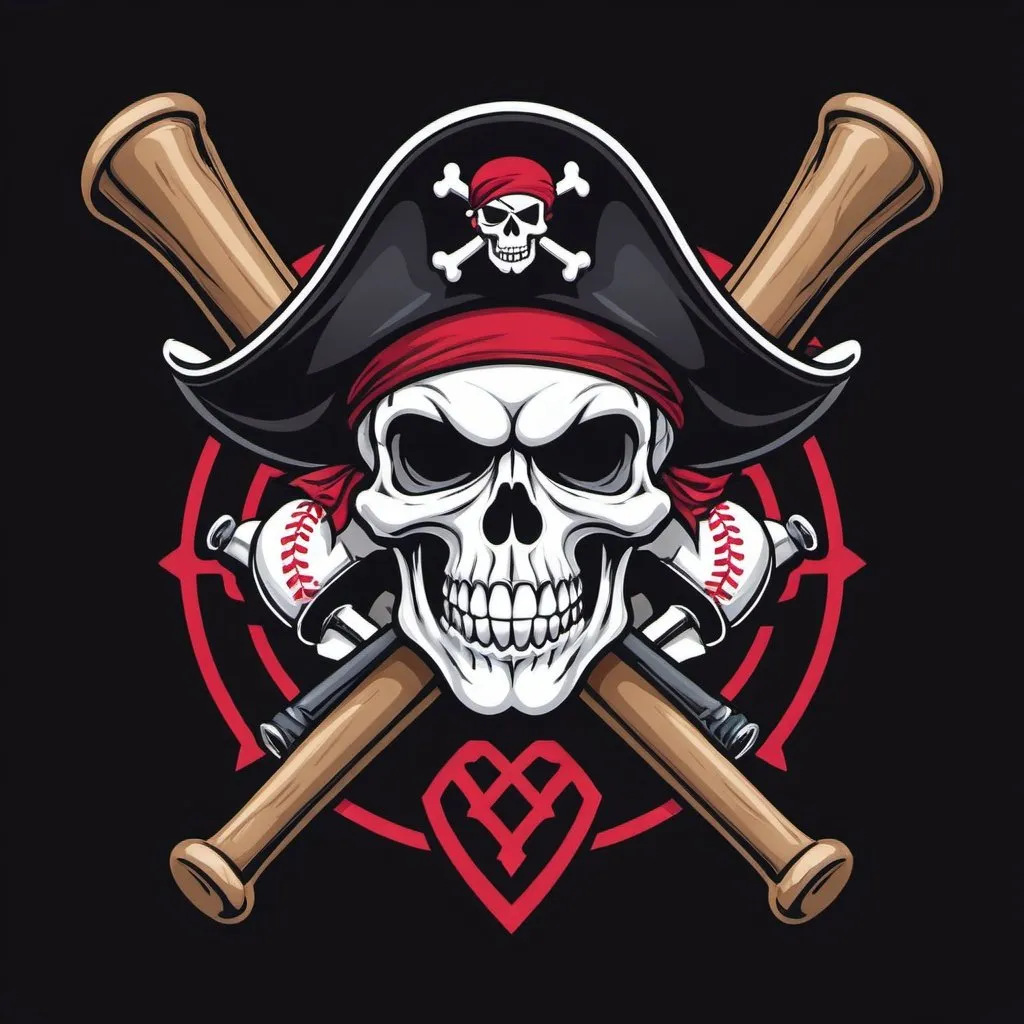 Prompt: a sports logo of a pirate skull wearing a pirate hat with crossed baseball bats and cannons in the background