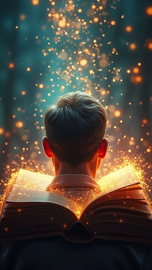 Prompt: looking at the back of a 45 year old man's head who is turning a page of a magical colorful giant book and there is magical sparkles swirling around 