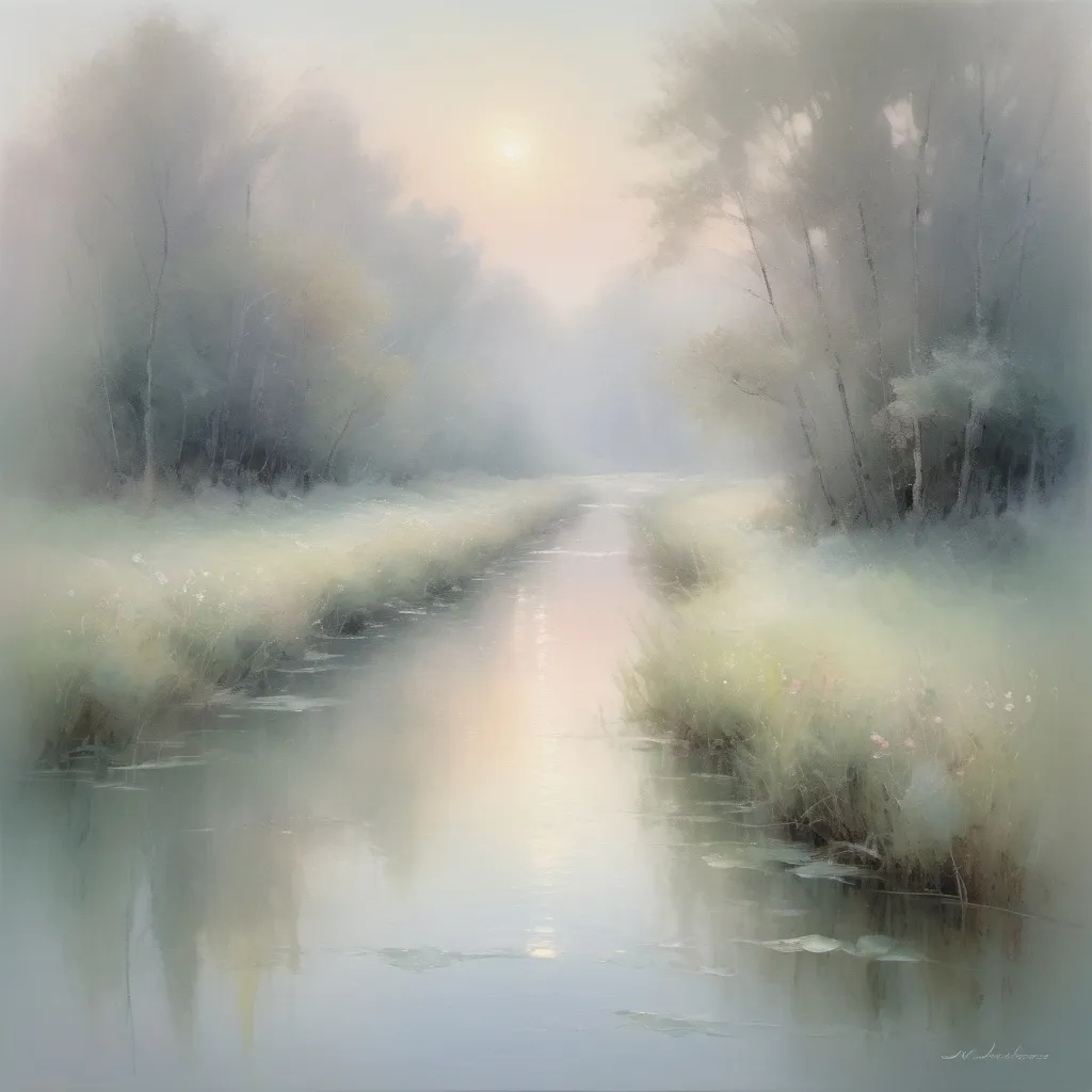 Prompt: Subtle depiction of barely expressed emotions, delicate brushstrokes, muted colors, hazy and dreamlike atmosphere, impressionist painting, soft and fleeting moments, gentle reflections, ethereal quality, emotional subtlety, impressionism, soft pastels, delicate strokes, dreamy, emotional whispers, muted tones, atmospheric lighting