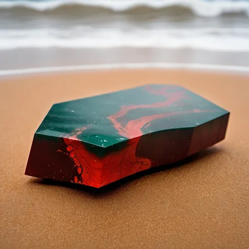 Prompt: A large piece of Bloodstone laying on a sandy beach with waves lapping in the background