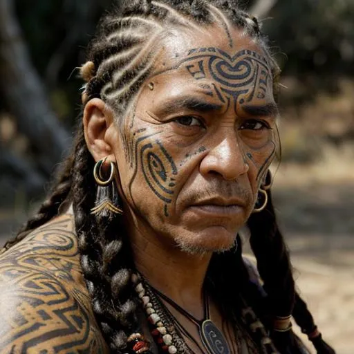 Prompt: Hyper-realistic portrait of an ancient Maori male elder with dreadlocks, traditional facial tattoos, weathered skin, soulful eyes, realistic hair texture, traditional clothing details, high quality, hyper-realism, detailed facial features, earthy tones, natural lighting