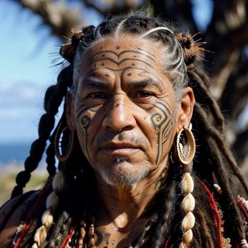 Prompt: Hyper-realistic portrait of an ancient Maori male elder with dreadlocks, traditional facial tattoos, weathered skin, soulful eyes, realistic hair texture, traditional clothing details, high quality, hyper-realism, detailed facial features, earthy tones, natural lighting