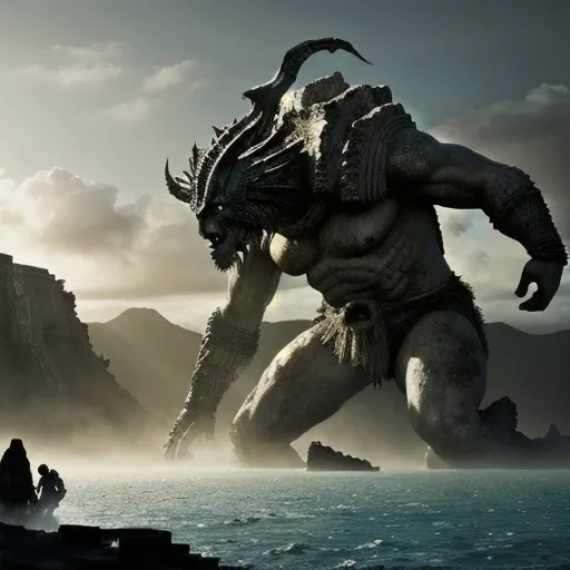 Prompt: Two massive titans battling on a deserted island, highres, ultra-detailed, epic fantasy, ancient ruins, colossal impact, dramatic lighting, intense battle, towering figures, colossal strength, atmospheric environment, rugged terrain, epic clash, fantasy, larger than life, barren landscape, mythical creatures, massive scale, fantasy art, dynamic composition