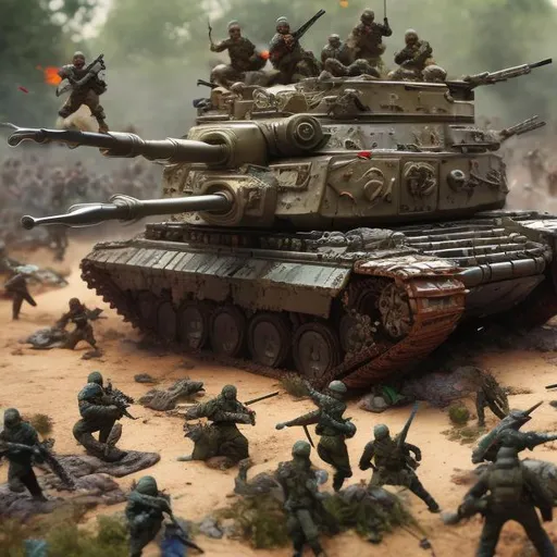 Prompt: Toy war battlefield, realistic toy soldiers, vivid plastic tanks, chaotic battleground, high quality, detailed plastic, realistic, epic action, vibrant colors, dynamic lighting, miniature scale, dramatic battle scene, toys in combat, intense conflict, toy war, epic showdown, vivid realism