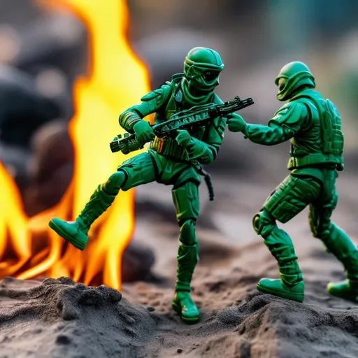 Prompt: Green plastic army men toy figurine war with toys, hot wheels toy car burning, plastic toy, action figures, miniatures, detailed battle scene, intense flames, realistic plastic texture, vibrant colors, high quality, realistic, miniature war, vibrant colors, intense scene, detailed plastic texture