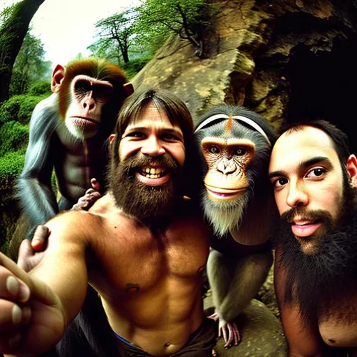 Prompt: A selfie with a human, a caveman and a monkey in prehistoric times