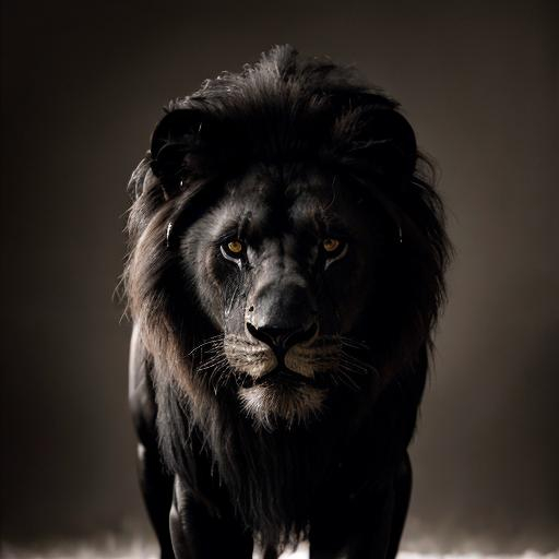 Prompt: Obsidian black lion, realistic oil painting, detailed fur with glossy reflections, intense and piercing gaze, majestic mane, high quality, ultra-detailed, realistic, dramatic lighting, deep shadows, rich textures, oil painting, black tones, regal