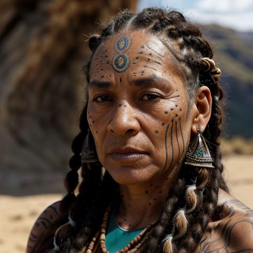 Prompt: Hyper-realistic portrait of an ancient Maori elder with dreadlocks, traditional facial tattoos, weathered skin, soulful eyes, realistic hair texture, traditional clothing details, high quality, hyper-realism, detailed facial features, earthy tones, natural lighting