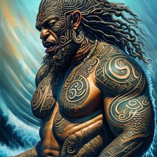 Prompt: Tangaroa Maori God of the sea, realistic oil painting, intricate Maori tattoos, powerful and benevolent presence, deep and rich colors, dramatic lighting, high quality, traditional art style, detailed facial features, vibrant ocean tones, majestic and awe-inspiring, larger than life, mystical atmosphere