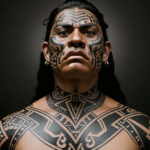 Prompt: Muscular Maori warrior with traditional tattoos, oil painting, fierce expression, detailed facial tattoos, high quality, realistic, traditional, intense lighting, earthy tones, dramatic shadows, tribal tattoos, warrior spirit, determined gaze, lifelike, powerful presence