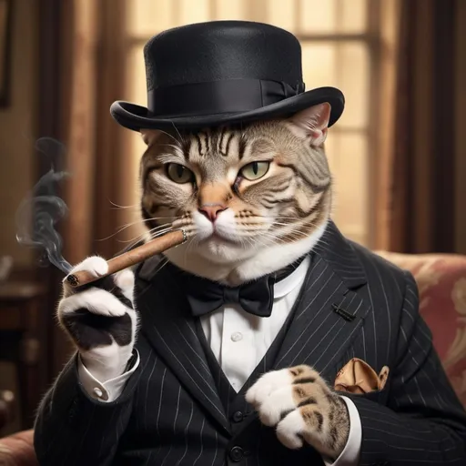 Prompt: create a image that uses a classic tabby cat in a winston churchill suit and hat smoking a cigar
