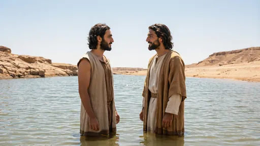 Prompt: Two adult men, @image-1770758486542-0 and @image-1770758486542-1  standing knee-deep in a river with surrounding Judean desert landscape with low hills.  They are facing each other. Both are the same height.Simple first-century clothing, natural and unadorned.  The clothes and hair of @image-1770758486542-1 are wet from the river.Open daylight with plenty of sky filling the upper half of the frame.Calm, still moment. No other people present.Camera at eye level, medium-wide framing.Realistic historical reenactment style, natural light, muted earth tones.