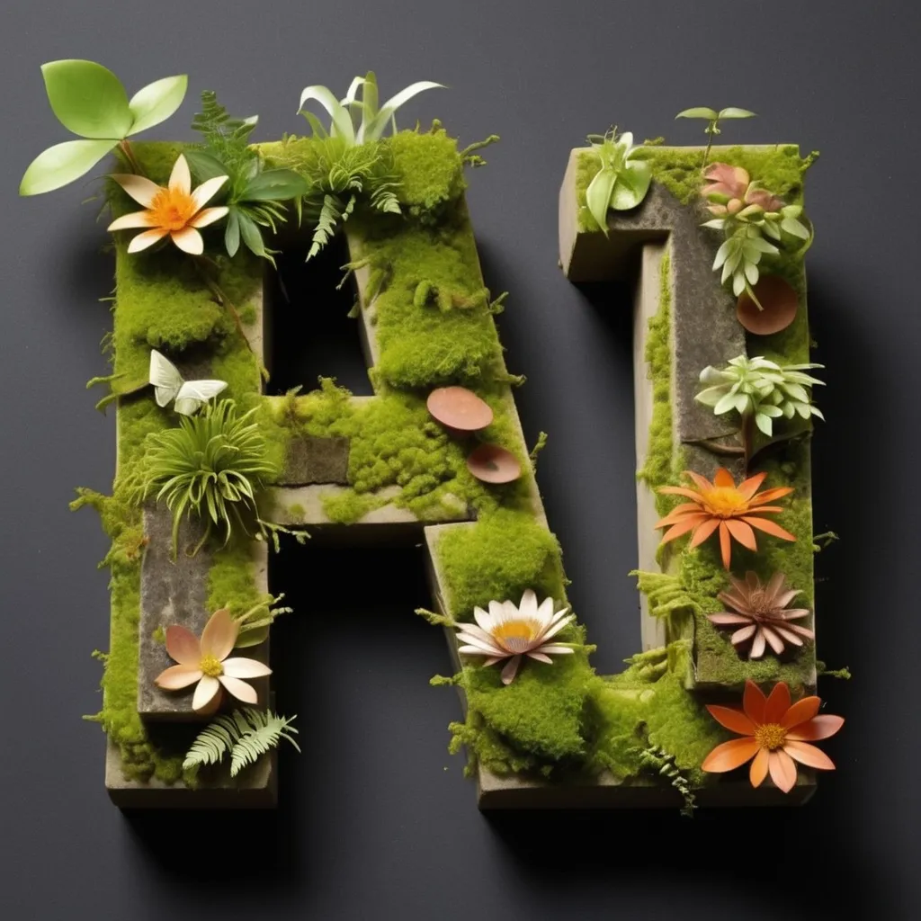 Prompt: Make a nature theme on a letter of AFES  make them made of bricks with moss and plants growing but still shows the word AFES