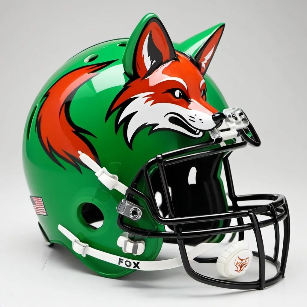 Prompt: Red Fox logo on a football helmet green and black
