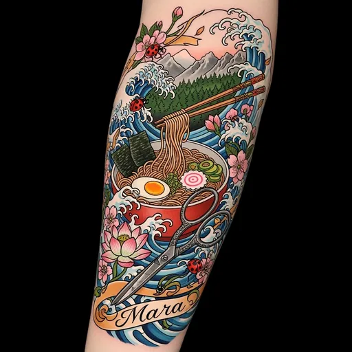 Prompt: A tattoo design for female lower arm containing ramen noodles, sea waves, flowers, lady bugs, a sewing scissors, name “Mara” written in Garamond font, mountains and forests
