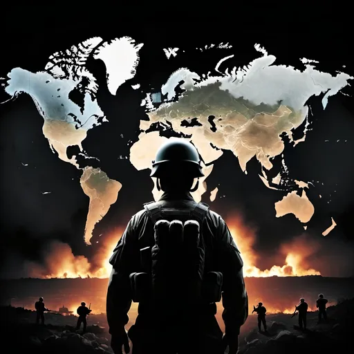 Prompt: Create an image with a dramatic, darkened background suggesting an apocalyptic scenario. Include a world map with highlighted geopolitical hotspots and a prominent nuclear explosion or symbol to represent the threat of nuclear conflict. Add silhouettes of people or soldiers to convey global tension. Include subtle elements of advanced military technology and a shadowy figure to represent Scott Ritter. Overlay the text ‘World War 3’ and ‘Nuclear Risk’ in bold fonts to capture the article’s essence.”
