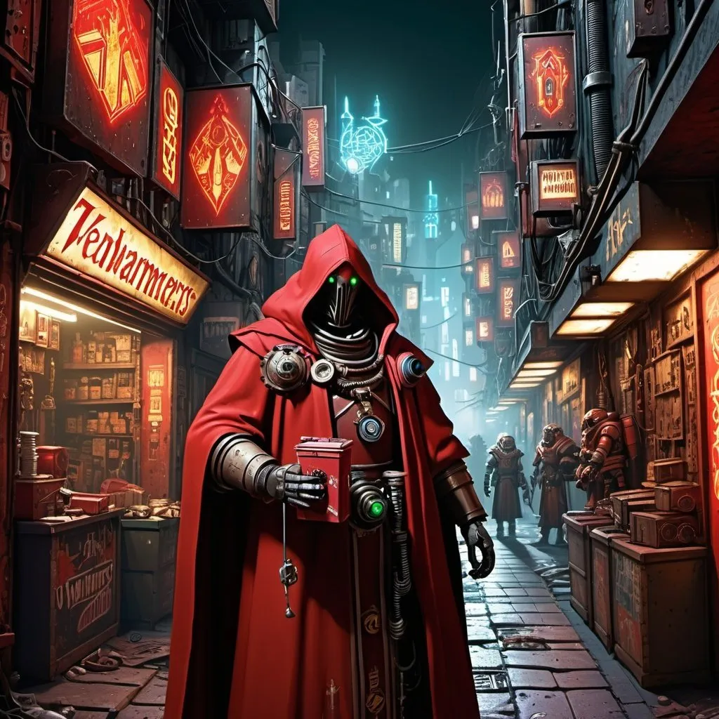 Prompt: Warhammer 40k grungy adeptus mechanicus wearing a dirty red cloak standing in crowded hive world alley way, neon signs at night time, selling boxes of warhammer the old world, gritty, holding a box of warhammer the old world, face partially human with hoses coming from it