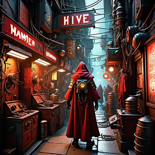 Prompt: Gritty, neon-lit alley of crowded hive world, grungy Adeptus Mechanicus in dirty red cloak, holding warhammer fantasy units box, steam-punk face with human-like features and hoses, warhammer the old world, night time, neon signs, grimy atmosphere, industrial steam-punk style, detailed cybernetic implants, worn and weathered, atmospheric lighting, highres, ultra-detailed, warhammer 40k, hive world, cybernetic implants, grimy, steam-punk, neon-lit, atmospheric, detailed cloak, crowded alley, futuristic, red tones