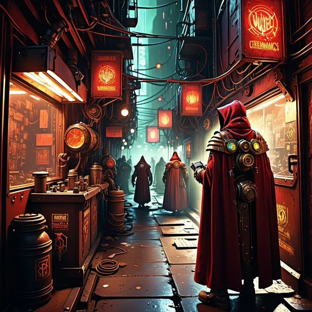 Prompt: Gritty, neon-lit alley of crowded hive world, grungy Adeptus Mechanicus in dirty red cloak, holding warhammer fantasy units box, steam-punk face with human-like features and hoses, warhammer the old world, night time, neon signs, grimy atmosphere, industrial steam-punk style, detailed cybernetic implants, worn and weathered, atmospheric lighting, highres, ultra-detailed, warhammer 40k, hive world, cybernetic implants, grimy, steam-punk, neon-lit, atmospheric, detailed cloak, crowded alley, futuristic, red tones