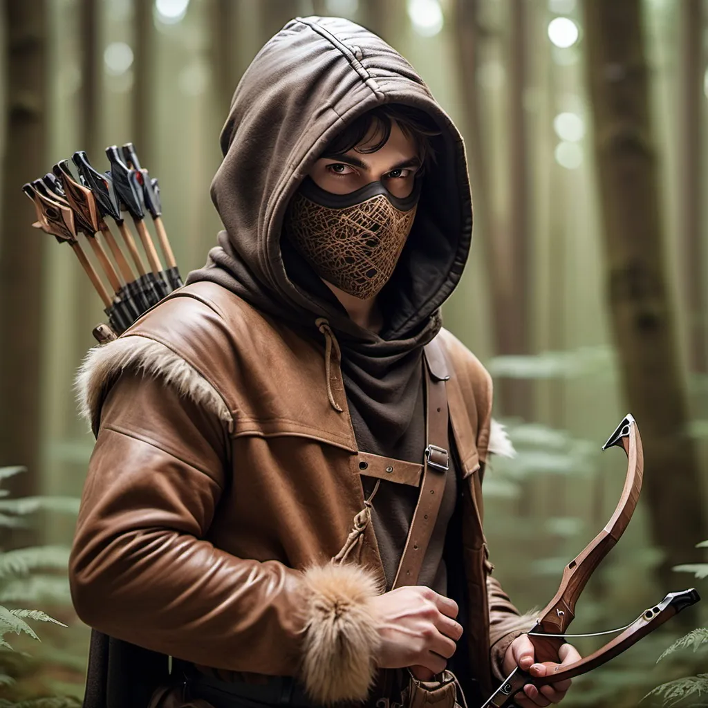 Prompt: a male with a brown cloth face covering, wearing fur and brown leather clothes with a hood, holding a small hand crossbow while standing in a magical forest