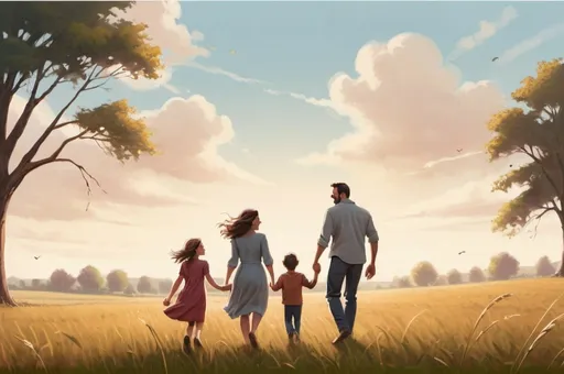 Prompt: A stunning cinematic illustration of a family of 5 enjoying a nice day in an open field. They are off in the distance. The father is picking his youngest child up while both are laughing. The mother is looking across the field at her two other children and smile at them while they play tag.