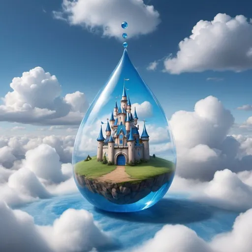 Prompt: photographic image of a teardrop with a blue castle inside of it, surrounded by clouds, detailed, HD, pixar