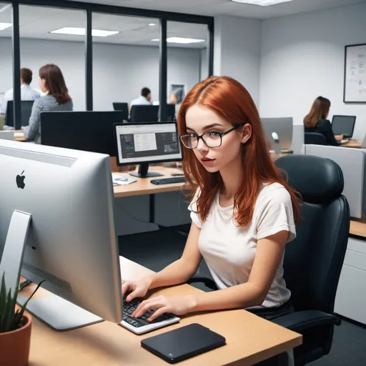 Prompt: illustration girl in office using computer