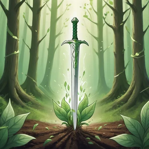 Prompt: A illustration of just a fencing sword sprout from the earth with aura green and white in turn around. 
The blade of sword must be with plant leaf. Around must be woods