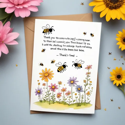 Prompt: a simple thank you card with 2 bees and 3 flowers at the bottom it, and a message neatly written that says, thank you for coming to Islas 7th birthday party, Please sow these Wild flower seeds for the butterfly's and the bees