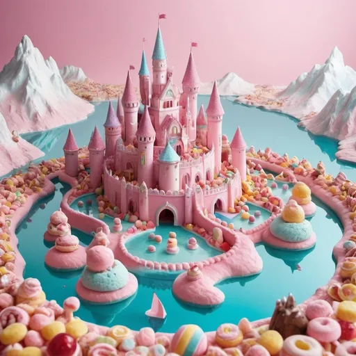 Prompt: A fantasy kingdom made of sweets with a lake made of soda