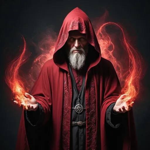 Prompt: Create image of a cloaked figure resembling a mystical wizard or warlock, with an ominous and ethereal aura. The predominant color theme is a vivid crimson, engulfing the character, suggesting a mastery of fire or a similar element. The cloak's fabric appears tattered, adding a sense of age and power. The figure's rigt hand is raised and emits an intricate, intimating arcane knowledge or spellcasting, contrasting with the darker reds. The face is largely obscured by the hood, showcasting a beard that suggests wisdom and a life long-lived. Subtle wrinkles are visible, hinting at old age. The background is a mix of darker reds and blacks, blurred and nondescript, focusing attention on the character and their powerful stance. This backdrop may represent a chaotic or otherworldly energy. Floating text, like chapter heading or descriptors, sits harmoniously within the composition at the top, indicating powers or themes associated with the character, in a gothic or fantasy-style font.