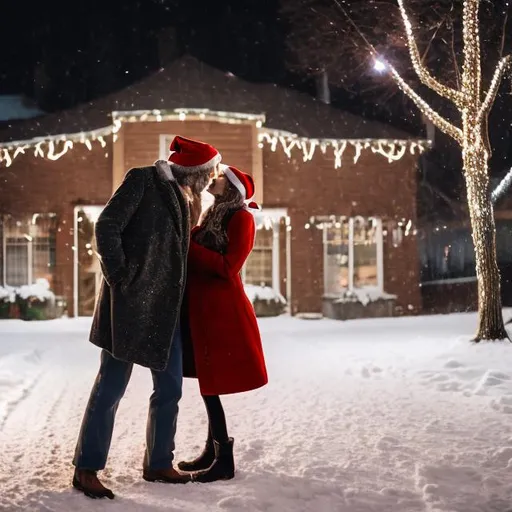 Prompt: Tall Man and woman kissing in the snow wearing coats and stocking cap with Christmas lights 