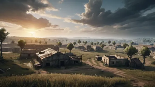 Prompt: (pubg background), (breathtaking landscape), vast grassy fields, scattered ruins, dense forest in the distance, dramatic clouds in the sky, intense lighting, high-quality textures, remote abandoned structures, subtle hints of danger, atmospheric tension, overall vibe is adventurous and thrilling, ultra-detailed, 4K resolution, immersive visuals that capture the essence of survival in a battleground.