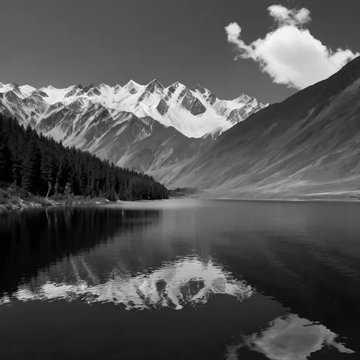 Prompt: beautiful black and white mountains with lake in front