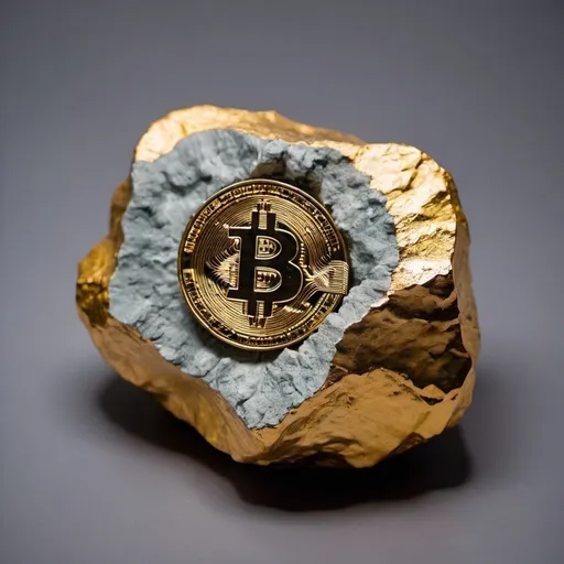 Prompt: a lump of rock with a gold bitcoin embedded in it