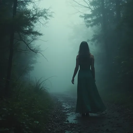 Prompt: woman who looks like a ghost looking out over a lack where she died