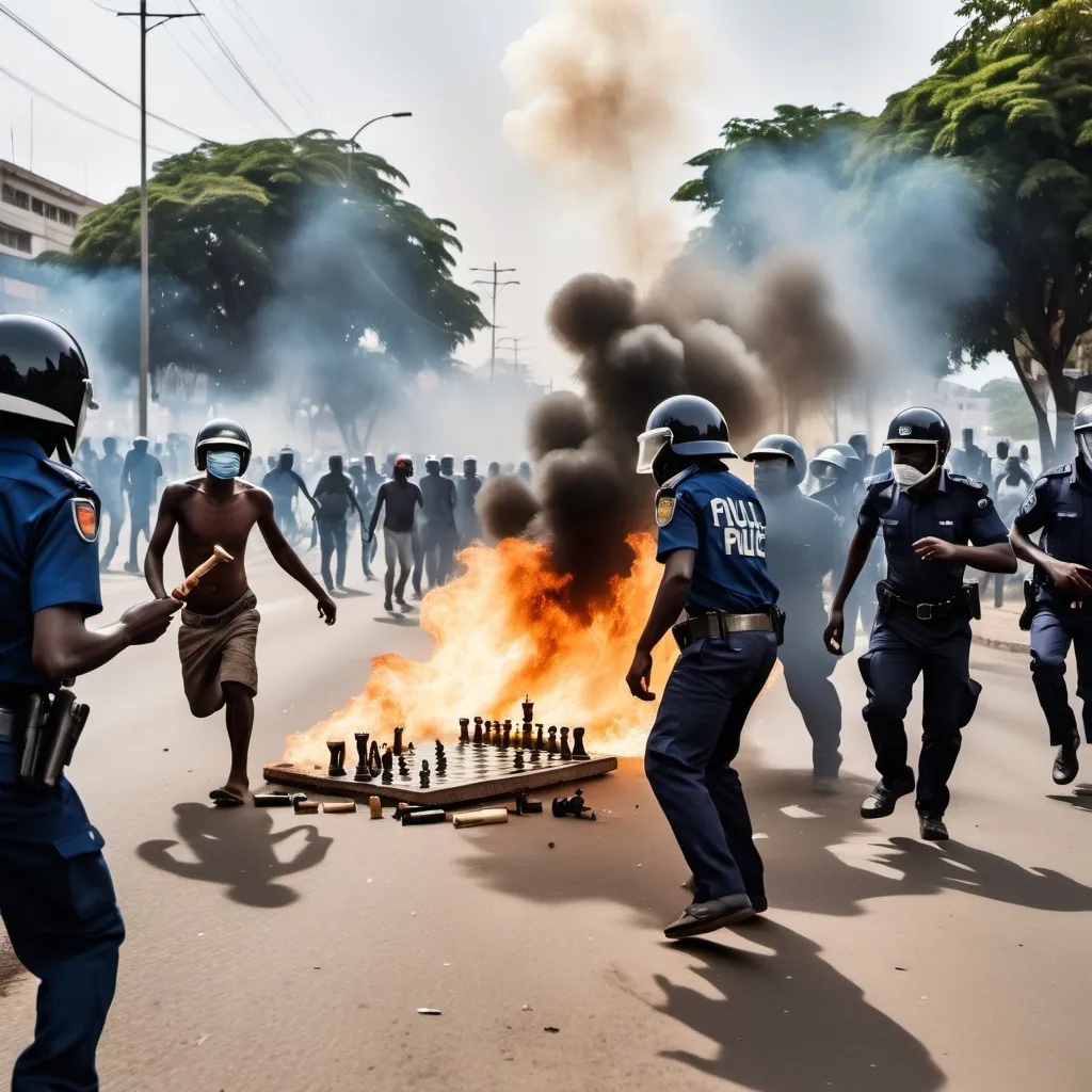 Prompt: create an image of Maputo city  Mozambique city and the recent protesters with signs with police men chasing them throwing gas. there are burning tyres and the 2M beer cantines. in the middle of the protest there is a little black baby playing chess with light shining on him symbolically.