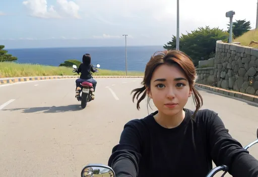 Prompt: 2d studio ghibli anime style, girl on motorcycle, anime scene