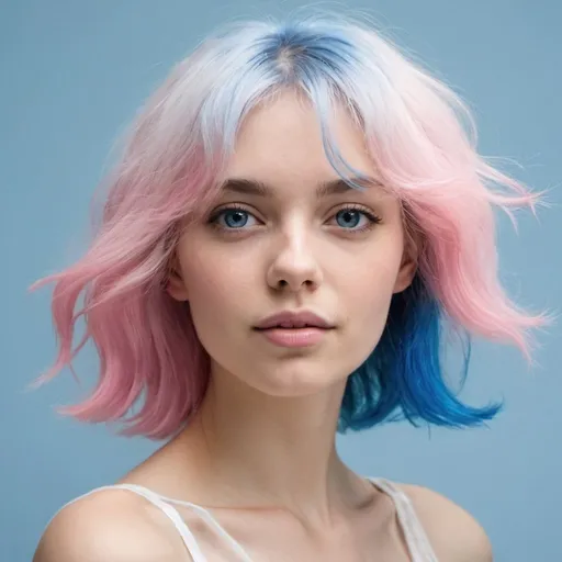 Prompt: femme  qui a des cheveux rose et du bleu dans les cheveux elle a une bleu et blanc et des manche rose transparente