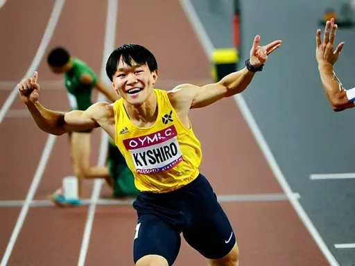 Prompt: his name is Kyoshiro. He is a Japanese. He runs 100m in the Olympic games and wins the gold medal in the future.