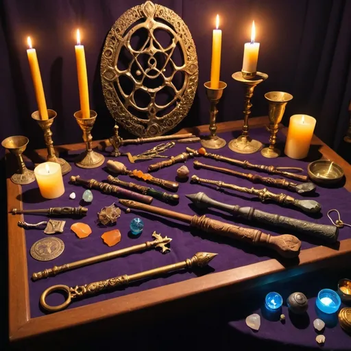 Prompt: A variety of magical tools (wands, athames, chalices) laid out on an altar, with one tool highlighted or glowing.